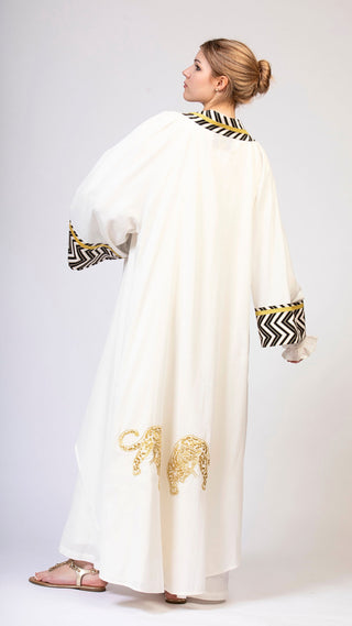 women wearing a modern designer abaya kimono with luxury elements from #Mary and Mary#