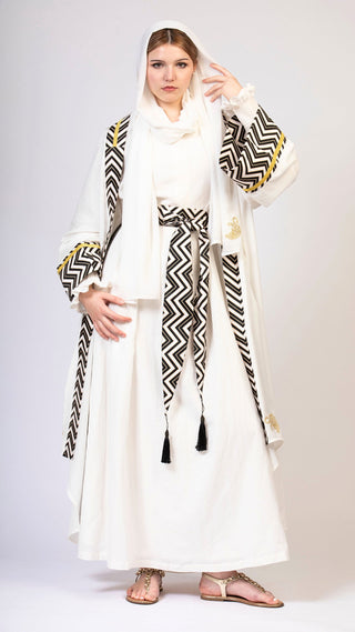 women wearing a modern designer abaya kimono with luxury elements from #Mary and Mary#