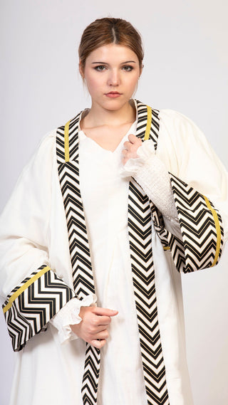 women wearing a modern designer abaya kimono with luxury elements from #Mary and Mary#