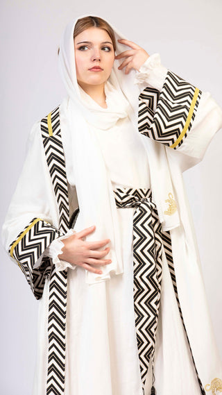 women wearing a modern designer abaya kimono with luxury elements from #Mary and Mary#