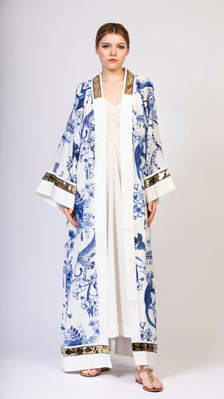 women wearing a modern designer abaya kimono with luxury elements from #Mary and Mary#