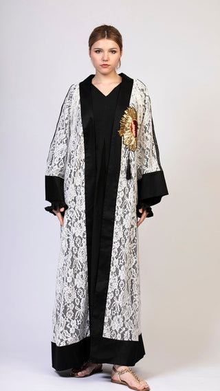women wearing a modern designer abaya kimono with luxury elements from #Mary and Mary#