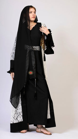 women wearing a modern designer abaya kimono with luxury elements from #Mary and Mary#