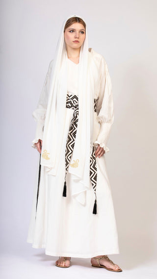 women wearing a modern designer abaya kimono with luxury elements from #Mary and Mary#